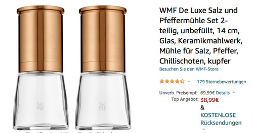 WMF De Luxe Salz und Pfeffermühle Set in Farbe Kupfer (Edelstahl, Glas, Keramikmahlwerk) WMF De Luxe Salz und Pfeffermühle Set in Farbe Kupfer (Edelstahl, Glas, Keramikmahlwerk)
