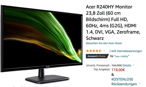 Acer R240HY 23,8 Zoll (60 cm) Monitor (60Hz, 4ms (G2G), HDMI 1.4, DVI, VGA) - jetzt 13% billiger Acer R240HY 23,8 Zoll (60 cm) Monitor (60Hz, 4ms (G2G), HDMI 1.4, DVI, VGA) - jetzt 13% billiger