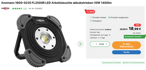 Ansmann 1600-0235 FL2500R 10W Akku LED- Arbeitsleuchte, 1400lm - jetzt 34% billiger Ansmann 1600-0235 FL2500R 10W Akku LED- Arbeitsleuchte, 1400lm - jetzt 34% billiger