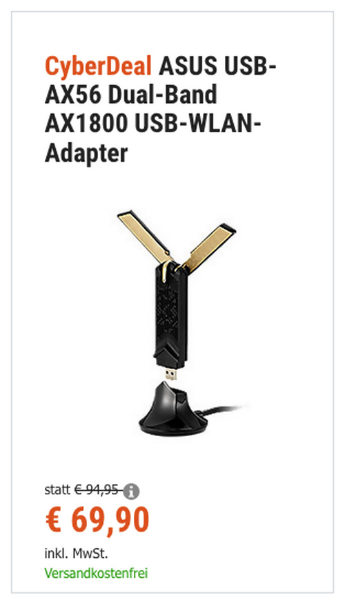 ASUS USB-AX56 Dual-Band AX1800 USB-WLAN-Adapter - Upgrade auf WiFi 6 - jetzt 12% billiger
