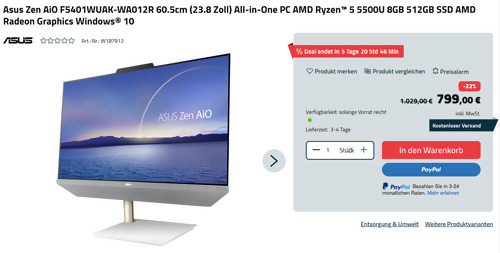 Asus Zen AiO F5401WUAK-WA012R 60.5cm (23.8 Zoll) All-in-One PC ( AMD Ryzen 5 5500U, 8GB RAM, 512GB SSD, Win 10) Asus Zen AiO F5401WUAK-WA012R 60.5cm (23.8 Zoll) All-in-One PC ( AMD Ryzen 5 5500U, 8GB RAM, 512GB SSD, Win 10)