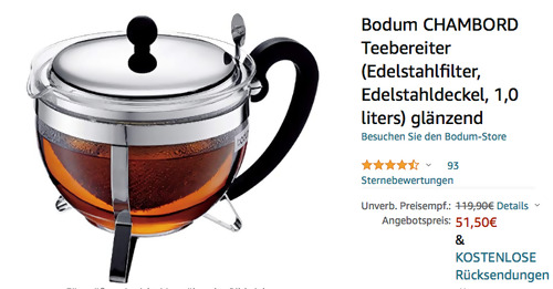 Bodum 1922-16-6 CHAMBORD 1 Liter Teebereiter mit Edelstahlfilter und Edelstahldeckel - jetzt 14% billiger