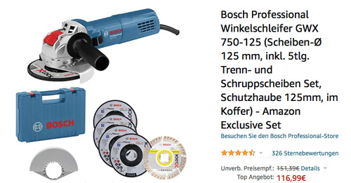 Bosch Professional  GWX 750-125 (0615990L6U) Winkelschleifer-Set im Koffer - jetzt 16% billiger