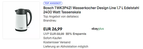 Bosch TWK3P421 DesignLine 1.7 L Wasserkocher, weiß (Edelstahl, 2400 Watt) - jetzt 24% billiger