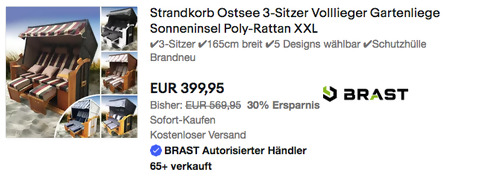 BRAST 3-Sitzer Strandkorb "Ostsee", versch. Farben (165cm breit, Volllieger) - jetzt 15% billiger
