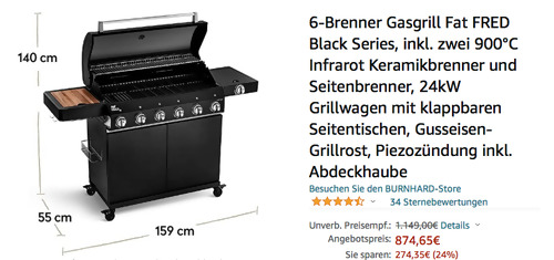 BURNHARD 6-Brenner 24kW Gasgrill Fat FRED Black Series inkl. zwei 900°C Infrarot Keramikbrenner und Seitenbrenner - jetzt 11% billiger BURNHARD 6-Brenner 24kW Gasgrill Fat FRED Black Series inkl. zwei 900°C Infrarot Keramikbrenner und Seitenbrenner - jetzt 11% billiger