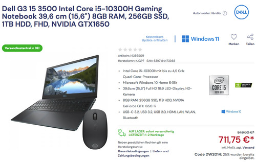 Dell G3 15 3500-KJGP7 39,6 cm (15,6") Gaming Notebook (Intel Core i5-10300H, 8GB RAM, 256GB SSD, 1TB HDD, FHD, NVIDIA GTX1650, Win 10) - jetzt 25% billiger Dell G3 15 3500-KJGP7 39,6 cm (15,6") Gaming Notebook (Intel Core i5-10300H, 8GB RAM, 256GB SSD, 1TB HDD, FHD, NVIDIA GTX1650, Win 10) - jetzt 25% billiger