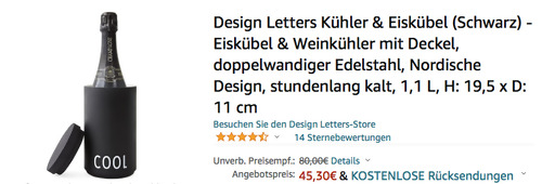 Design Letters 10204303BLACK Kühler & Eiskübel, schwarz (1.1 Liter, Edelstahl, 19,5 cm hoch) - jetzt 13% billiger Design Letters 10204303BLACK Kühler & Eiskübel, schwarz (1.1 Liter, Edelstahl, 19,5 cm hoch) - jetzt 13% billiger