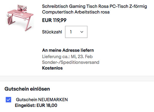 Ebay - 15% Rabatt auf ausgewählte Marken: z.B. COSTWAY 120,5  x 59,5 cm Gamingtisch Z-förmig, rosa - jetzt 15% billiger