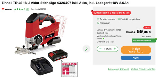 Einhell TE-JS 18 Li Akku-Stichsäge 4326407 inkl. 18V 2.0Ah Akku und Ladegerät Einhell TE-JS 18 Li Akku-Stichsäge 4326407 inkl. 18V 2.0Ah Akku und Ladegerät