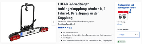 EUFAB Fahrradträger "Amber 1" für 1 Fahrrad, Befestigung an der Kupplung EUFAB Fahrradträger "Amber 1" für 1 Fahrrad, Befestigung an der Kupplung