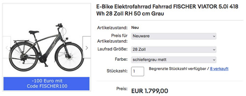 FISCHER 61737 VIATOR 5.0i 28 Zoll 50 cm E-Bike, grau (418 Wh, ca.100 km) FISCHER 61737 VIATOR 5.0i 28 Zoll 50 cm E-Bike, grau (418 Wh, ca.100 km)