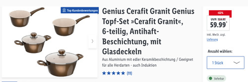 Genius Cerafit Granit Genius 6-teiliges Topf-Set "Cerafit Granit" (Keramikbeschichtung, Glasdeckel) - jetzt 39% billiger