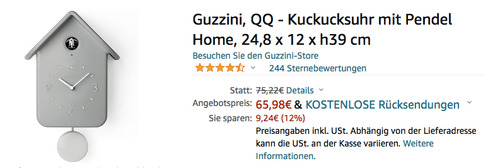 Guzzini QQ Home - Kuckucksuhr mit Pendel, silber - jetzt 12% billiger