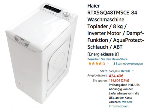 Haier RTXSGQ48TMSCE-84 Toplader Waschmaschine (8 kg, 86 x 40,5 x 60 cm) - jetzt 15% billiger