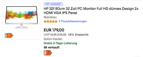 HP 32f 80cm (32 Zoll) PC Monitor (Full HD, 2x HDMI) - jetzt 8% billiger HP 32f 80cm (32 Zoll) PC Monitor (Full HD, 2x HDMI) - jetzt 8% billiger