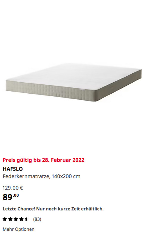 IKEA Hanau - HAFSLO Federkernmatratze, mittelfest/beige, 140x200 cm - jetzt 31% billiger