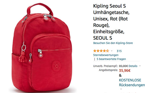 Kipling Seoul S Umhängetasche in Rot Rouge (25.5cm x 16cm x 35cm) - jetzt 20% billiger