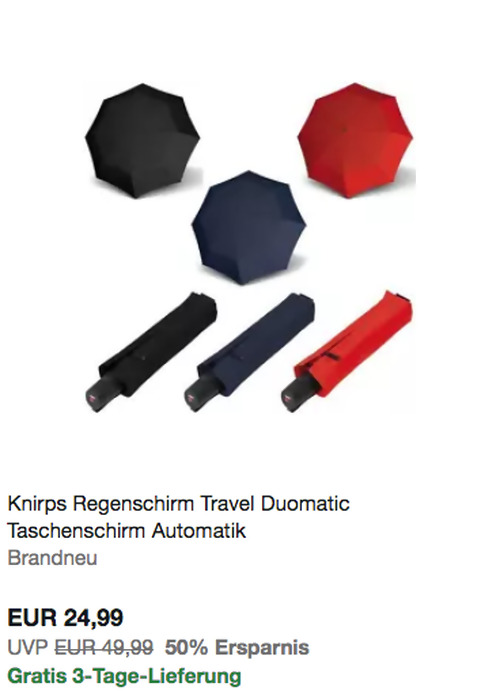 Knirps 95-7208 Travel Duomatic Regenschirm, versch. Farben (ca. 98 cm Durcmesser) - jetzt 17% billiger