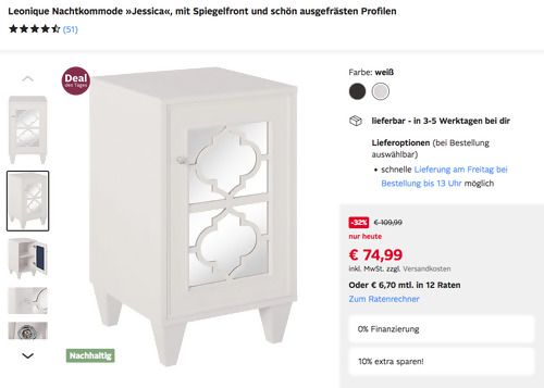 Otto.de - 10% Rabatt auf Wohnen: z.B. Leonique Nachtkommode "Jessica"mit Spiegelfront und ausgefrästen Profilen, weiß oder anthrazit (40/40/66,5 cm) - jetzt 10% billiger Otto.de - 10% Rabatt auf Wohnen: z.B. Leonique Nachtkommode "Jessica"mit Spiegelfront und ausgefrästen Profilen, weiß oder anthrazit (40/40/66,5 cm) - jetzt 10% billiger