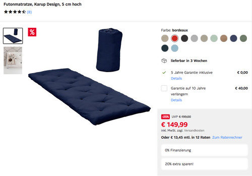 Otto.de - 20% Rabatt auf Matratzen und Lattenroste: z.B. Karup Design 70 x190 x 5 cm Futonmatratze, versch. Farben - jetzt 20% billiger