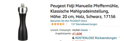 Peugeot 17156 Fidji 20 cm Manuelle Pfeffermühle, schwarz (Buchenholz, Edelstahl) - jetzt 10% billiger Peugeot 17156 Fidji 20 cm Manuelle Pfeffermühle, schwarz (Buchenholz, Edelstahl) - jetzt 10% billiger