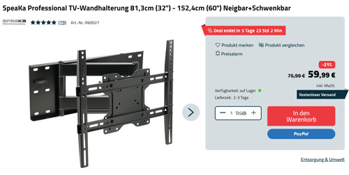 SpeaKa Professional SP-3959720 TV-Wandhalterung 32"-60", Neigbar+Schwenkbar SpeaKa Professional SP-3959720 TV-Wandhalterung 32"-60", Neigbar+Schwenkbar