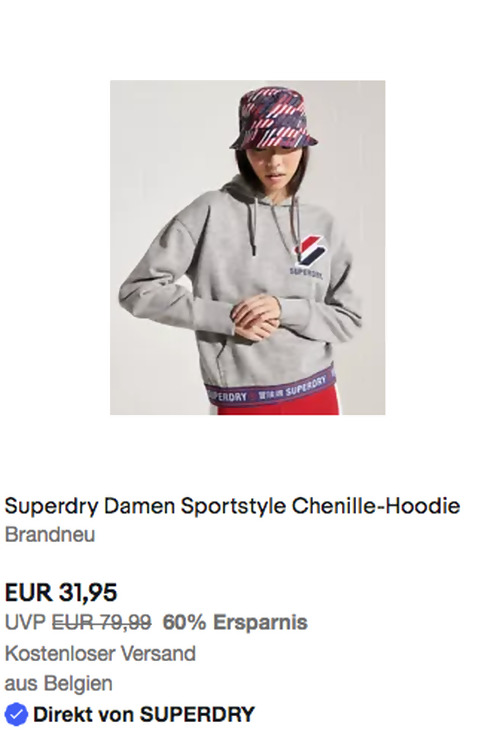 Superdry Damen Sportstyle Chenille-Hoodie, grau oder marineblau (34-44) - jetzt 21% billiger