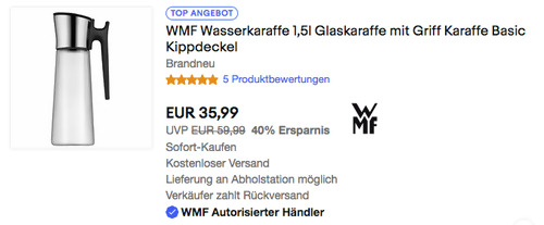 WMF Basic 1,5l Glaskaraffe mit Griff, CloseUp-Verschluss - jetzt 20% billiger WMF Basic 1,5l Glaskaraffe mit Griff, CloseUp-Verschluss - jetzt 20% billiger