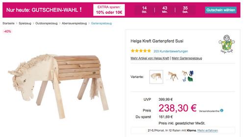 Babymarkt.de - 10% Rabatt oder 10 Rabatt ab 60 am 27.03.22: z.B. Helga Kreft "Gartenpferd Susi", 125 x 110 x 75 cm Babymarkt.de - 10% Rabatt oder 10 Rabatt ab 60 am 27.03.22: z.B. Helga Kreft "Gartenpferd Susi", 125 x 110 x 75 cm