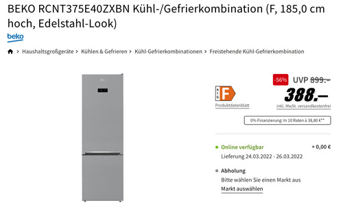 BEKO RCNT375E40ZXBN Kühl-/Gefrierkombination (185 cm, 356 Liter, Edelstahl-Look) - jetzt 15% billiger BEKO RCNT375E40ZXBN Kühl-/Gefrierkombination (185 cm, 356 Liter, Edelstahl-Look) - jetzt 15% billiger