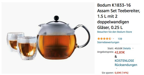 Bodum K1833-16 Assam Teebereiter-Set, 1.5 L Teekanne mit 2 x 0.25 L Gläsern - jetzt 14% billiger