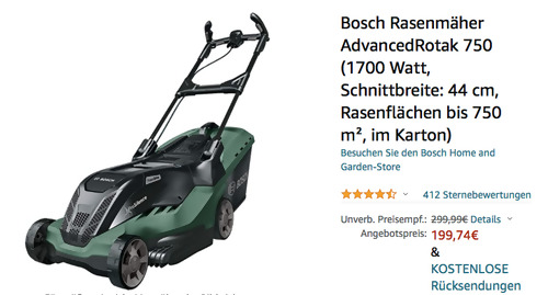Bosch 06008B9305 Elek­tro-Ra­sen­mä­her Ad­van­ced­Ro­tak 750 (1700 Watt, 44 cm Schnittbreite, ProSilence) - jetzt 7% billiger