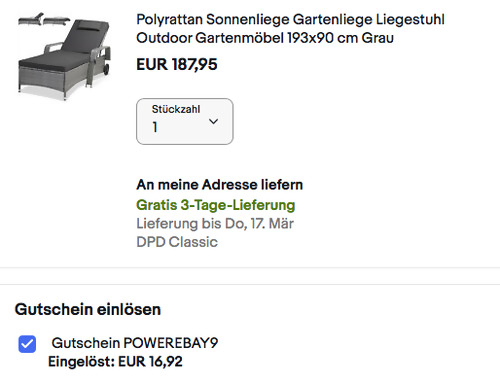 Casaria 193x90 cm Polyrattan Sonnenliege in Grau, inkl. 7 cm Auflage - jetzt 9% billiger