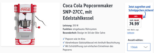 Coca Cola Popcornmaker SNP-27CC (Edelstahlkessel, bis zu 10 Tassen Popcorn) - jetzt 10% billiger