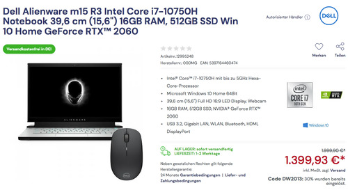 Dell Alienware m15 R3 00DMG 39,6 cm (15,6") i7-10750H GeForce RTX 2060 Gaming Notebook (16GB RAM, 512GB SSD, Win 10 Home) - jetzt 30% billiger Dell Alienware m15 R3 00DMG 39,6 cm (15,6") i7-10750H GeForce RTX 2060 Gaming Notebook (16GB RAM, 512GB SSD, Win 10 Home) - jetzt 30% billiger