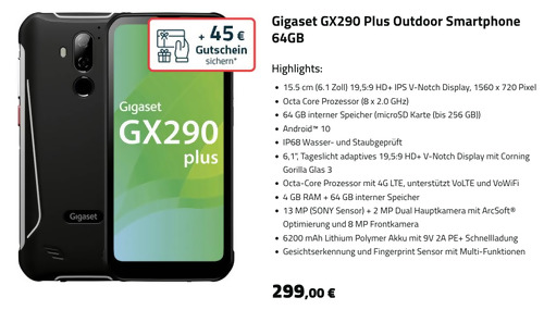 Gigaset GX290 Plus 64GB Outdoor Smartphone inklusive 45 Gutschein - jetzt 13% billiger