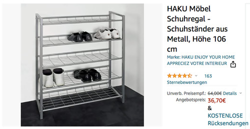 HAKU Möbel 38728 Metall Schuhregal mit 5 Ablagen, 30 x 80 x 106 cm - jetzt 23% billiger