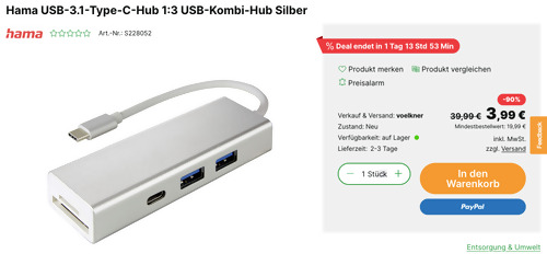 Hama USB-3.1-Type-C Hub mit Kartenleser, 2x USB-A und 1x USB-C - jetzt 75% billiger