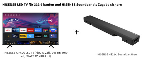 HISENSE 43A6CG 43 Zoll UHD 4K LED-TV inklusive HISENSE HS214 Soundbar - jetzt 19% billiger