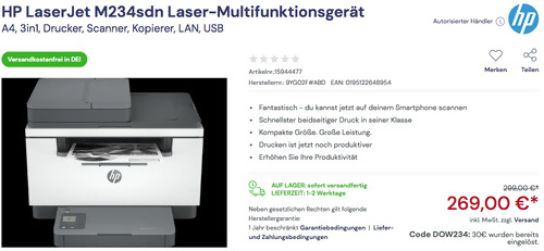HP LaserJet M234sdn Laser-Multifunktionsgerät (A4, Drucker, Scanner, Kopierer, LAN, USB) HP LaserJet M234sdn Laser-Multifunktionsgerät (A4, Drucker, Scanner, Kopierer, LAN, USB)
