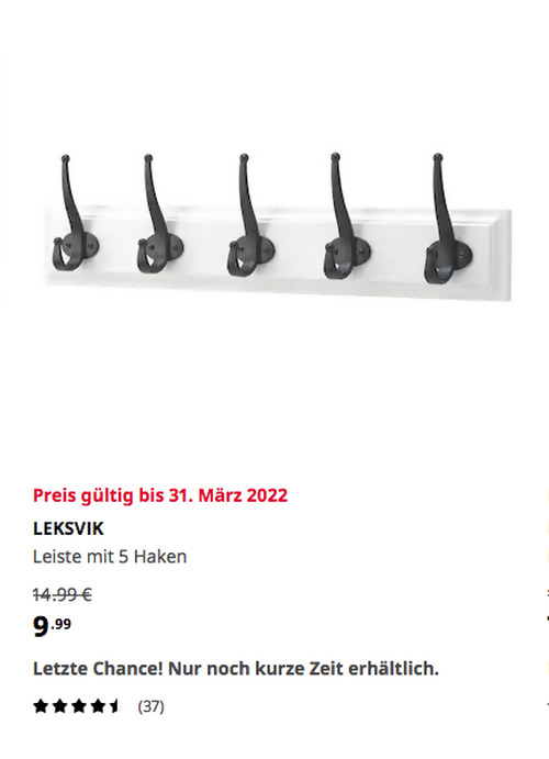 IKEA Braunschweig - LEKSVIK Leiste mit 5 Haken, weiß, 56 cm lang - jetzt 33% billiger IKEA Braunschweig - LEKSVIK Leiste mit 5 Haken, weiß, 56 cm lang - jetzt 33% billiger