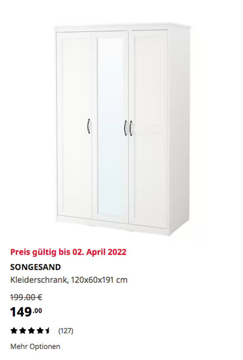IKEA Duisburg - SONGESAND Kleiderschrank, weiß, 120x60x191 cm - jetzt 25% billiger