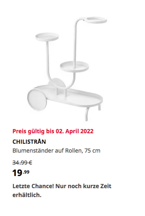 IKEA Essen - CHILISTRÅN Blumenständer auf Rollen, weiß, 75 cm  - jetzt 43% billiger