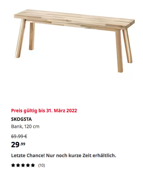 IKEA Frankfurt - SKOGSTA Bank, Akazie, 120 cm  - jetzt 57% billiger