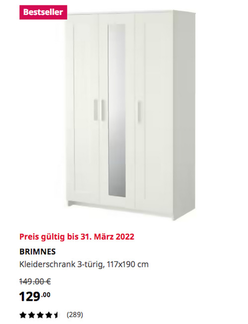 IKEA Hamburg-Moorfleet - BRIMNES Kleiderschrank 3-türig, weiß, 117x190 cm - jetzt 13% billiger