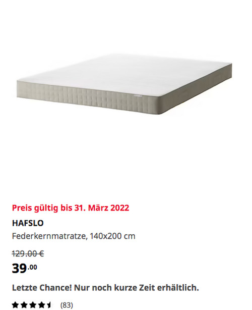 IKEA Mannheim - HAFSLO Federkernmatratze, mittelfest/beige, 140x200 cm - jetzt 70% billiger
