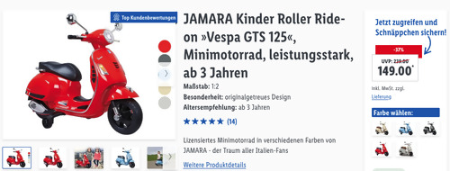 JAMARA Kinder Elektroroller Ride-on "Vespa GTS 125", versch. Farben (12V, ab 3 Jahren) - jetzt 8% billiger