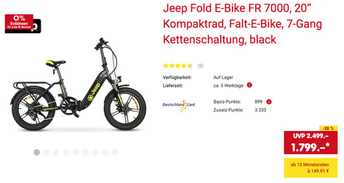 Jeep Fold E-Bike FR 7000 20 (250 W Heckmotor, 374,4 Wh Akku) Jeep Fold E-Bike FR 7000 20 (250 W Heckmotor, 374,4 Wh Akku)