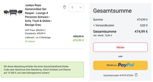 Juskys Rope Gartenmöbel Set "Neapel", 4-teilig (2 Sessel, Sofa & Tisch) - jetzt 8% billiger Juskys Rope Gartenmöbel Set "Neapel", 4-teilig (2 Sessel, Sofa & Tisch) - jetzt 8% billiger